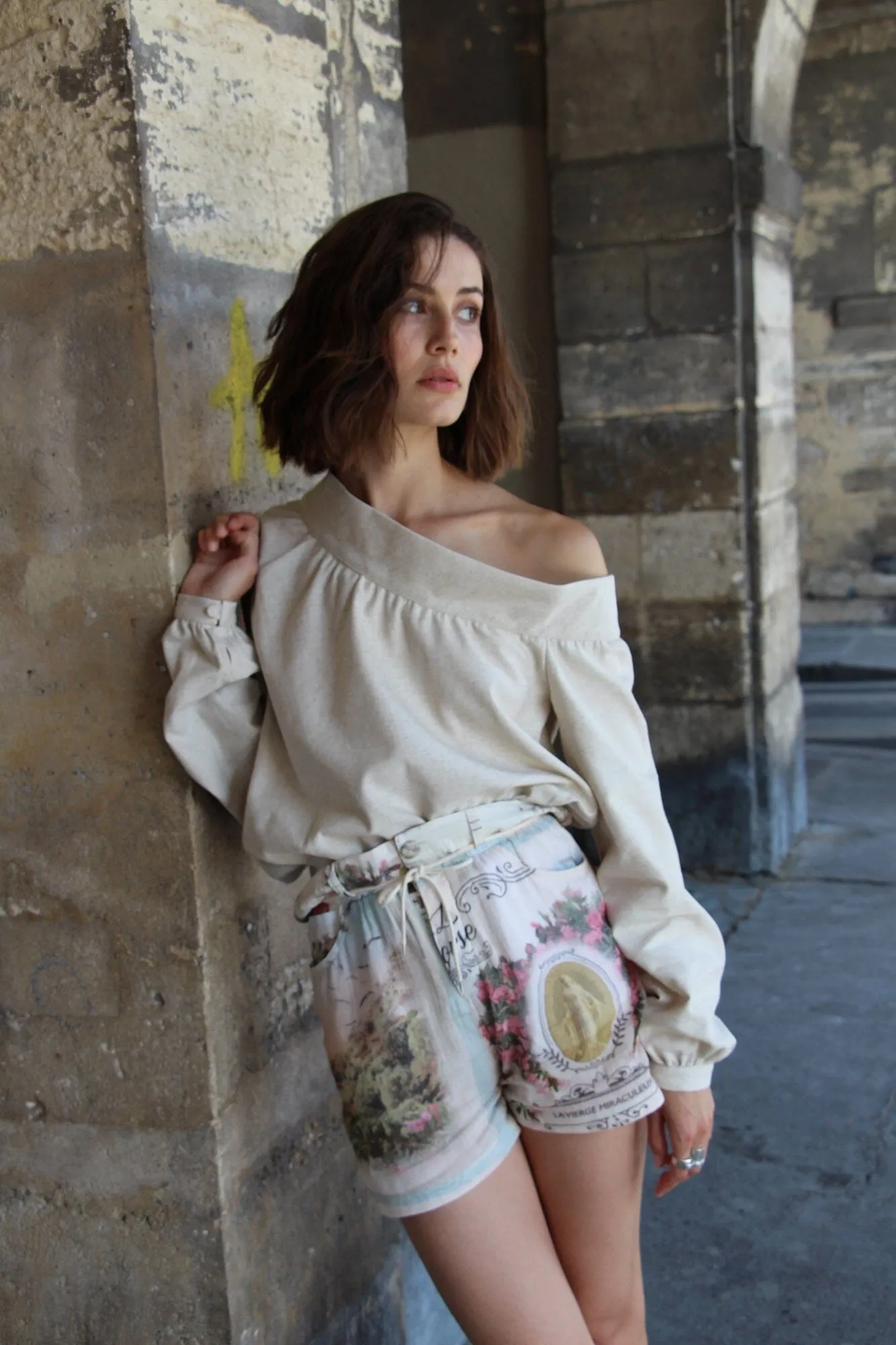 ARES - Blouse asymétrique cropped coton et chanvre écru