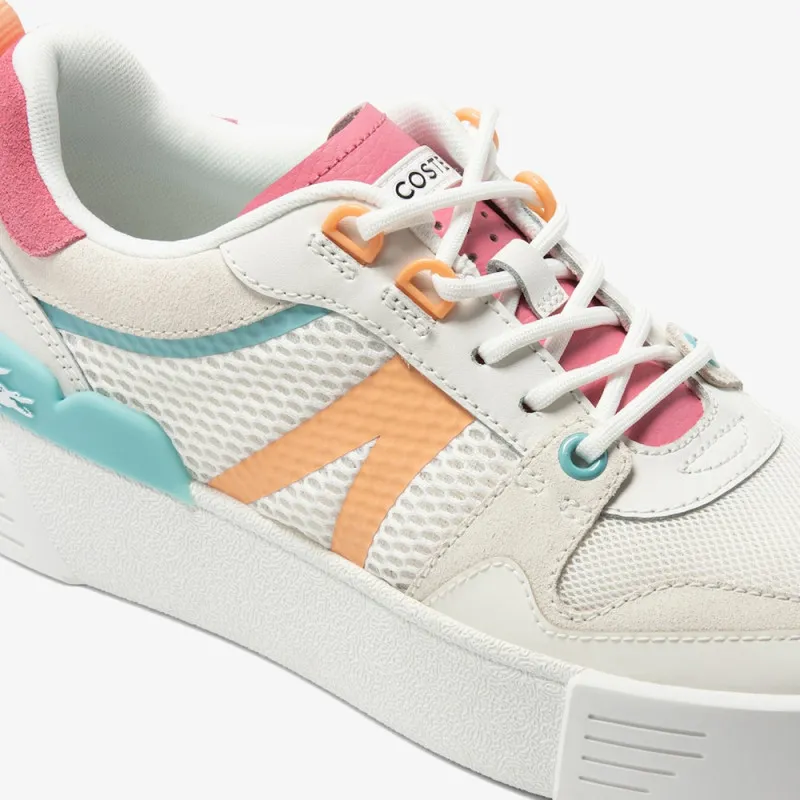 BASKETS LACOSTE FEMME L002 EN CUIR, DÉTAIL AU TALON BLANCHES ET ROSES