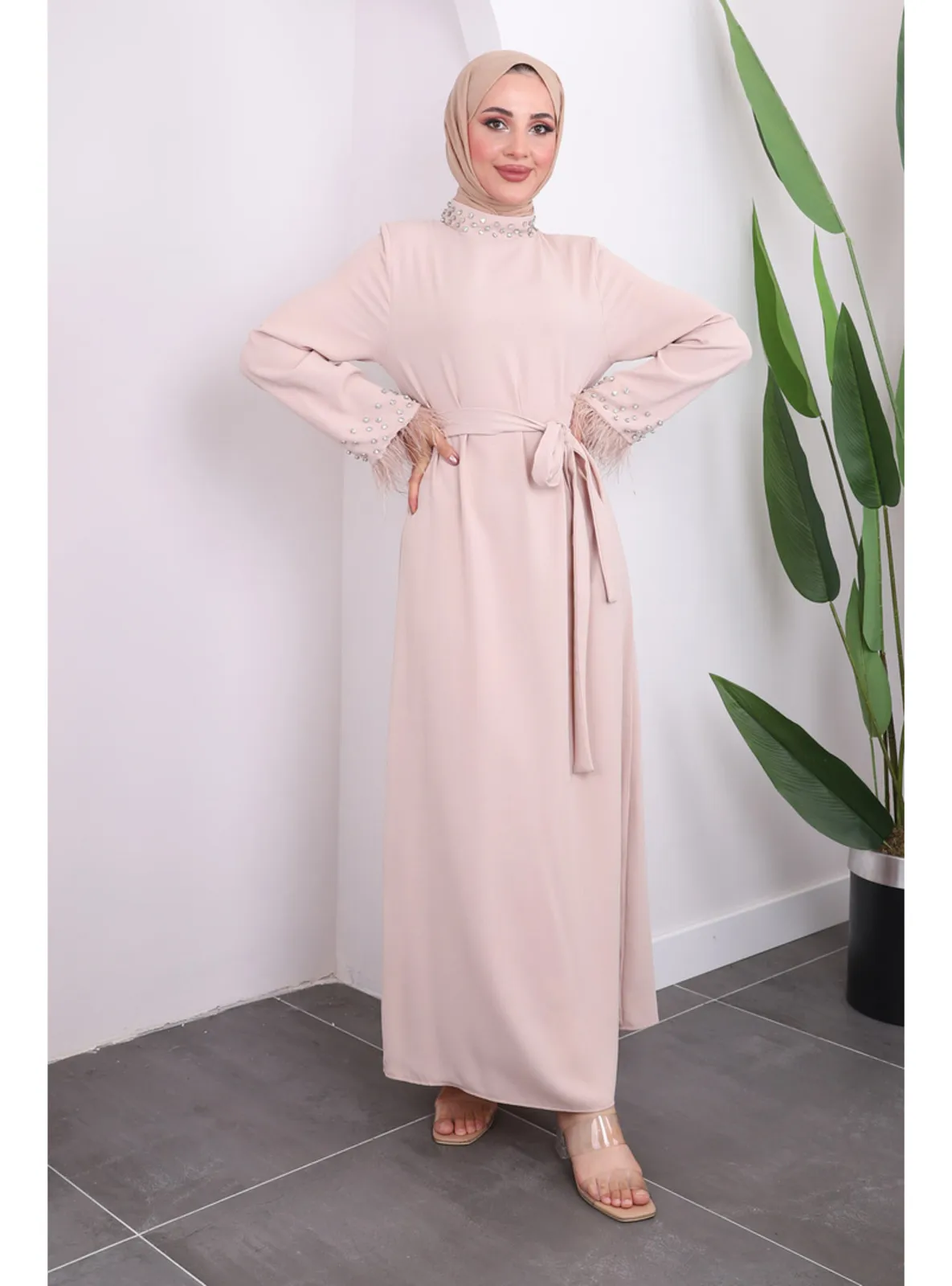 Beige - Unlined - Modest Dress