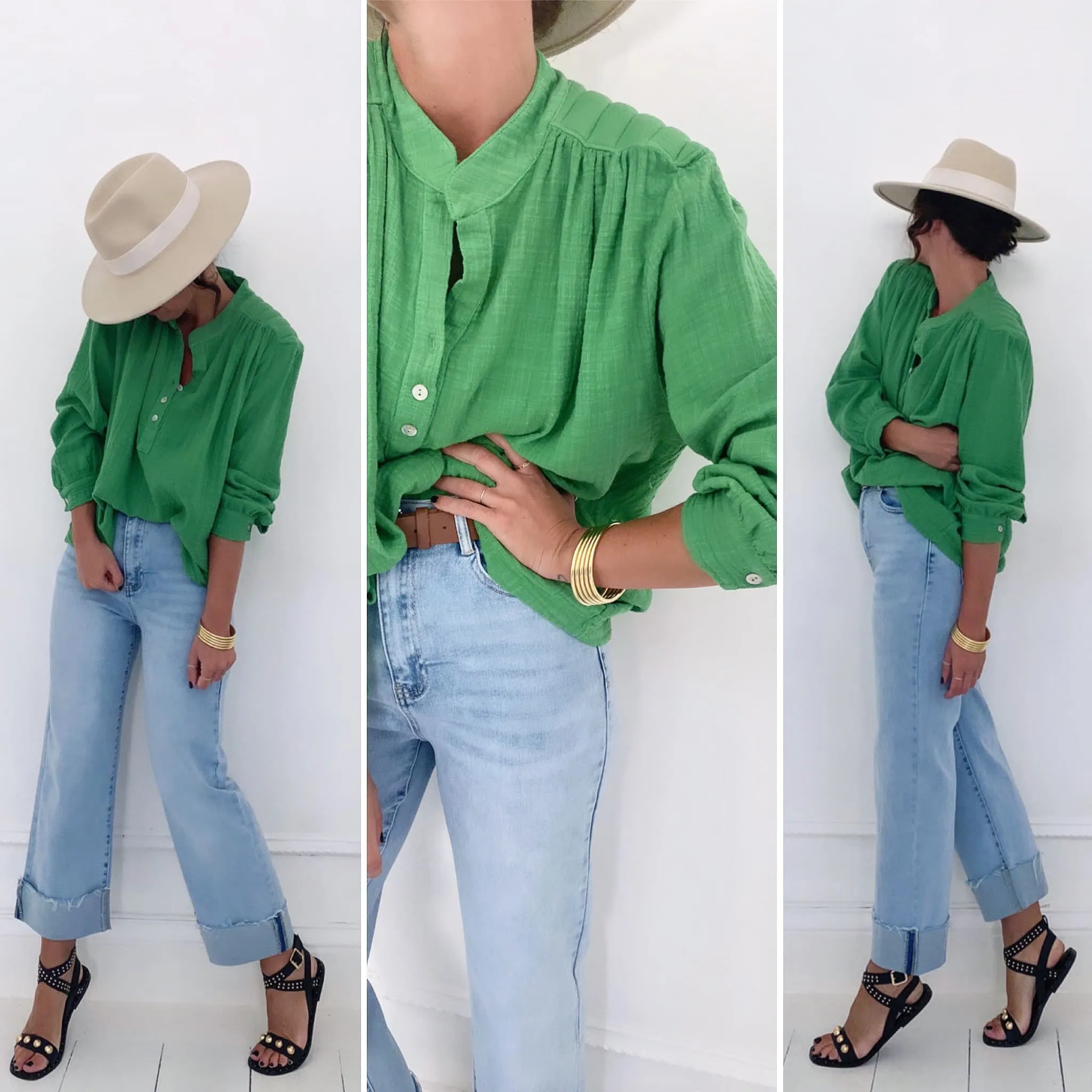 Blouse gaze de coton verte épaulettes