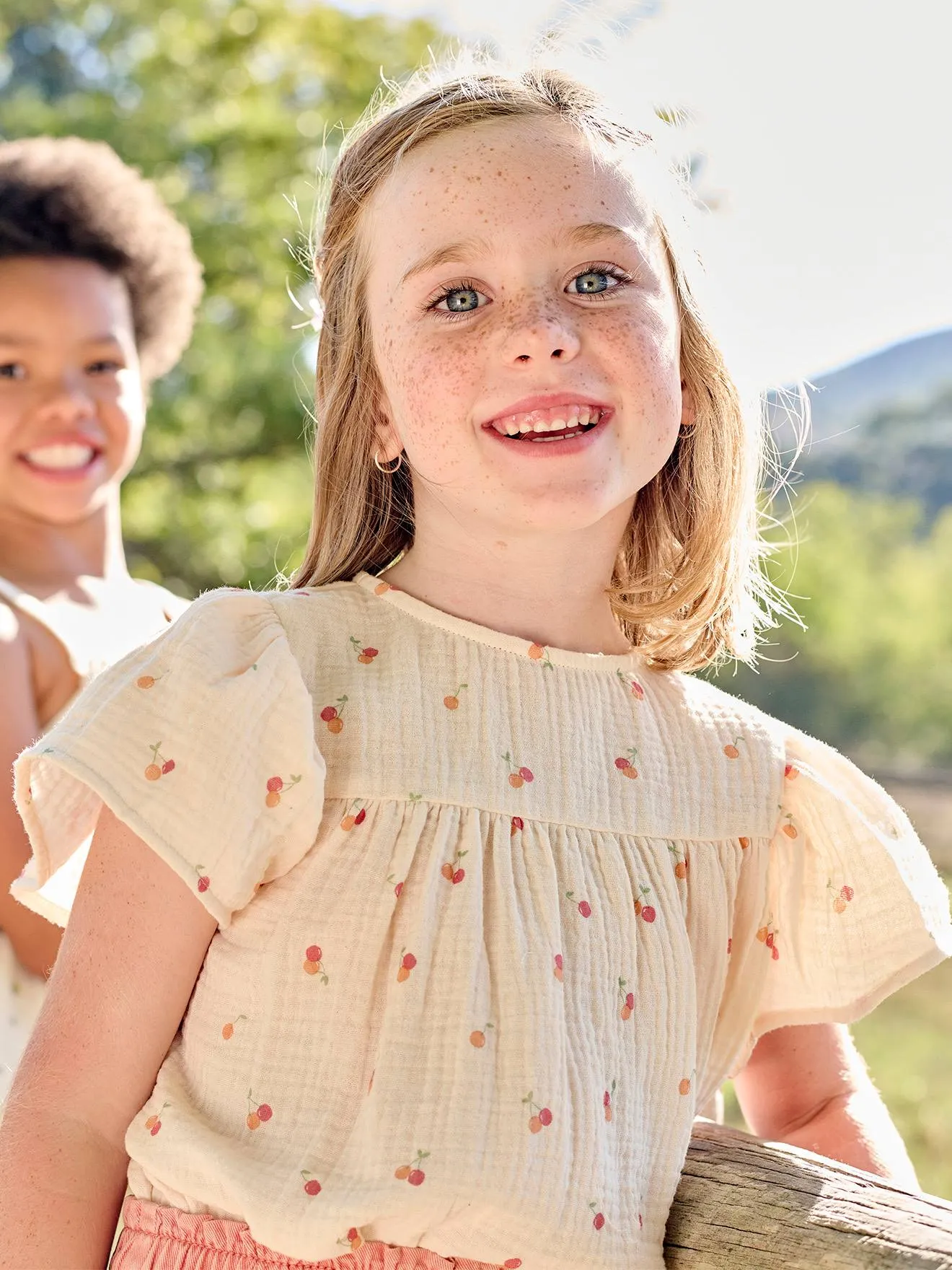 Blouse imprimée en gaze de coton bio fille manches papillon rose - Vertbaudet