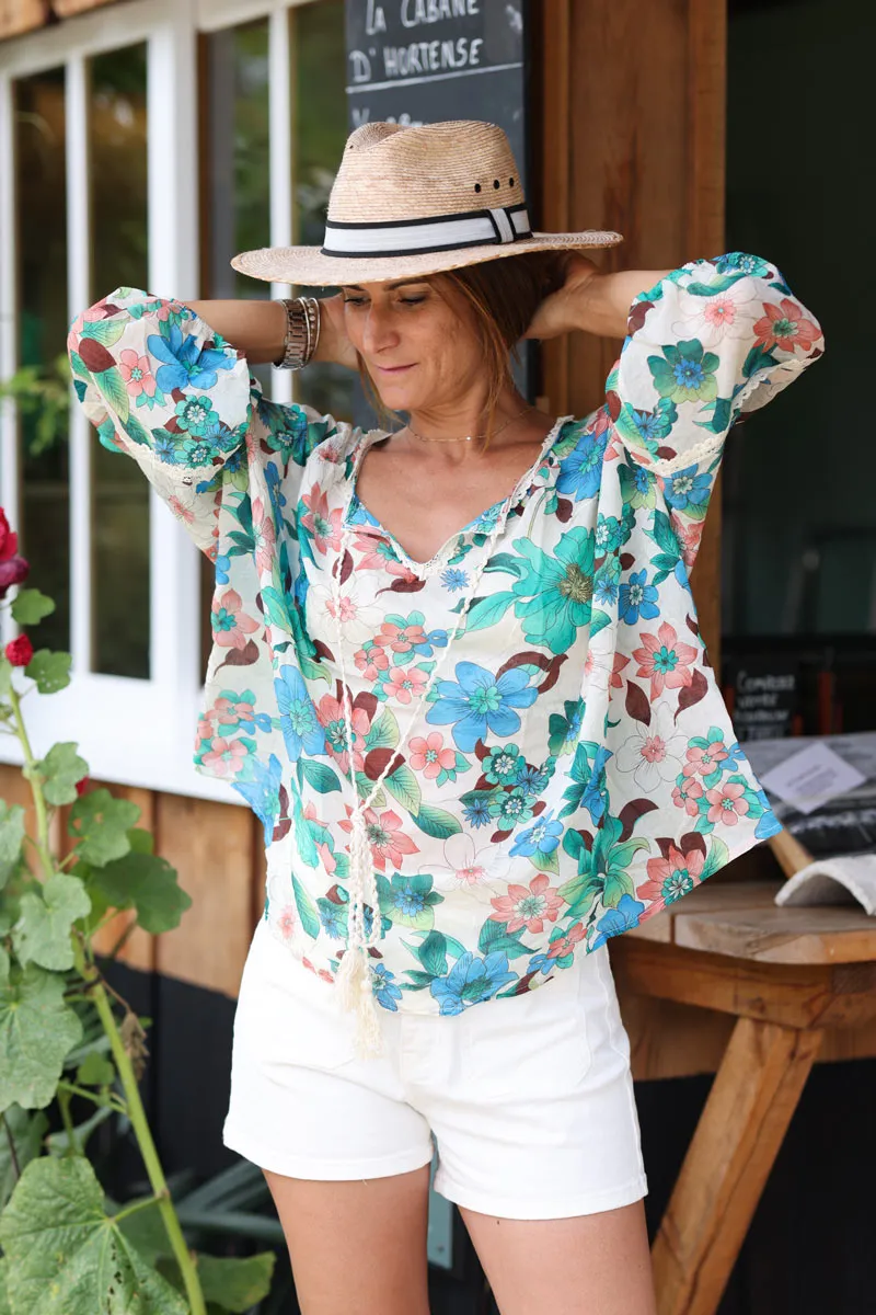Blouse légère motifs fleurs turquoise