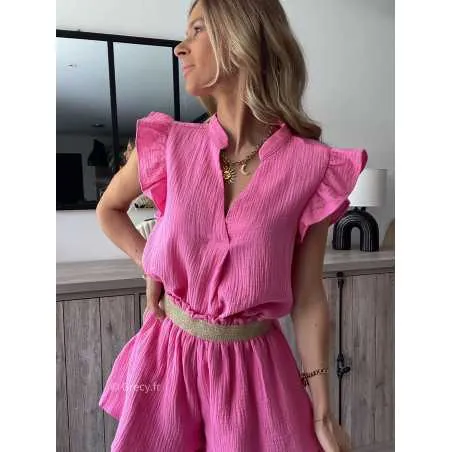 Blouse matière gaze de coton rose col V