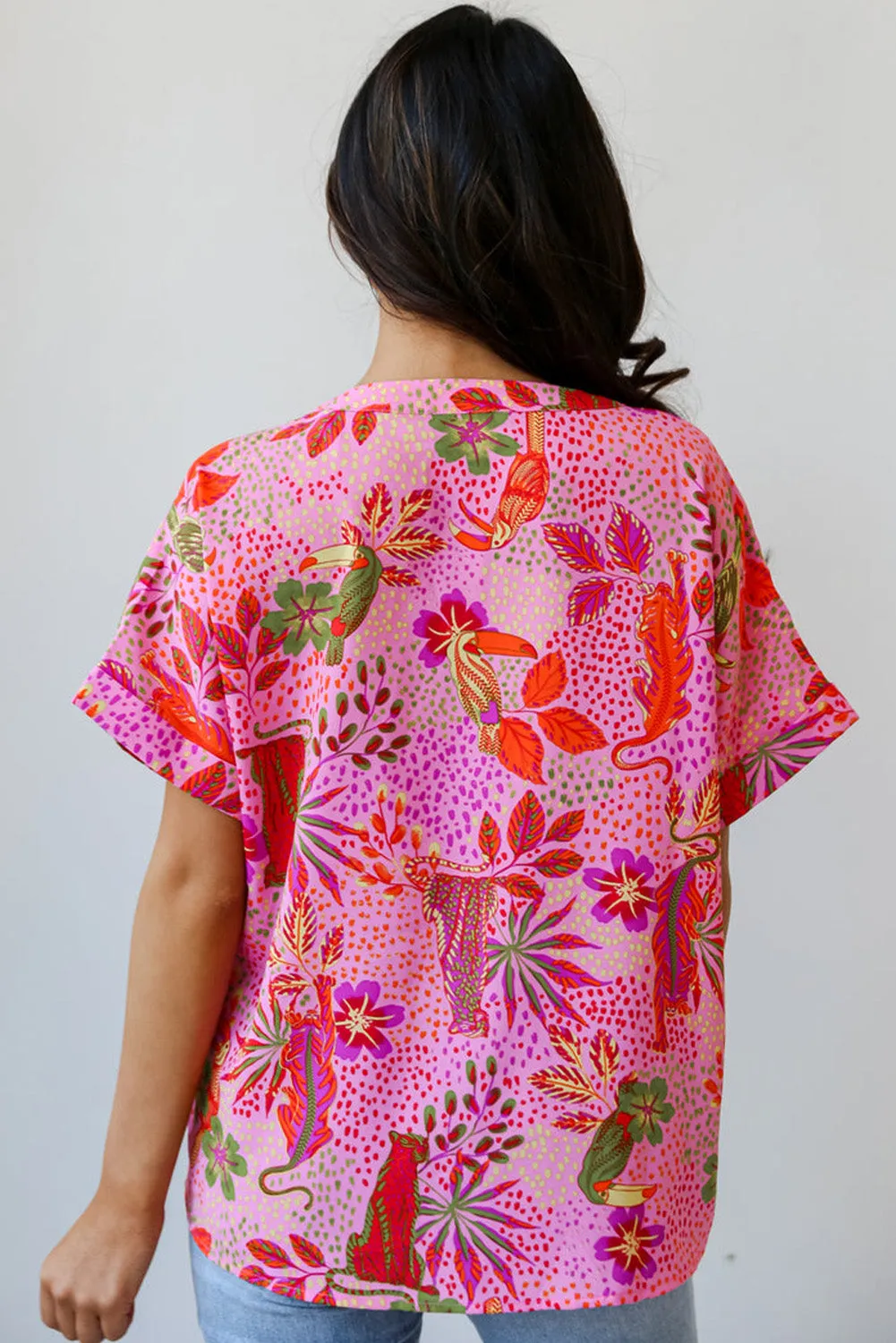 Blouse à col en V cranté à imprimé floral Rose Jungle