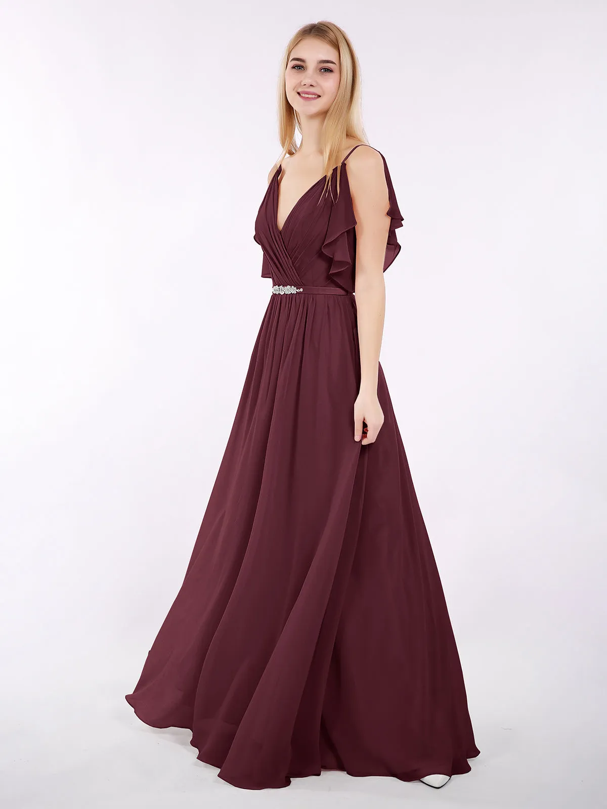 Bretelle Spaghetti Mousseline Robe avec Col en V Cabernet
