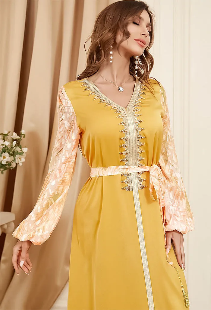 Caftan marocain Fleur de Jasmin - Jaune