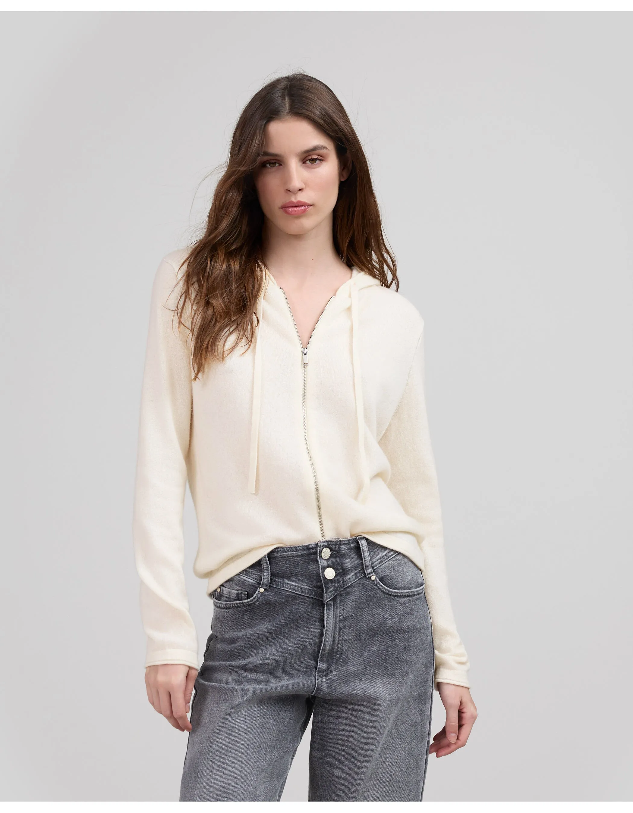 Cardigan écru à capuche 100% cachemire Femme