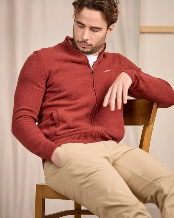 Cardigan zippé col montant terracotta 
