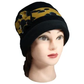 CHAPEAU FEMME en VELOURS doublé POLAIRE - coloris noir et imprimé moutarde