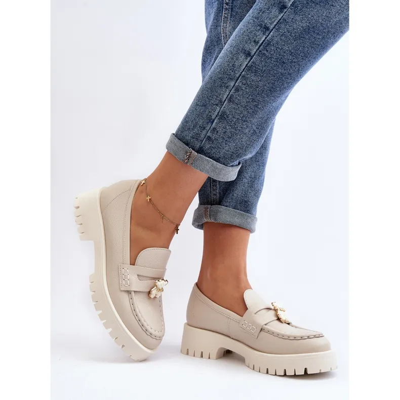 Chaussures En Cuir Mocassins Avec Ours En Peluche CheBello 4291 Beige Clair