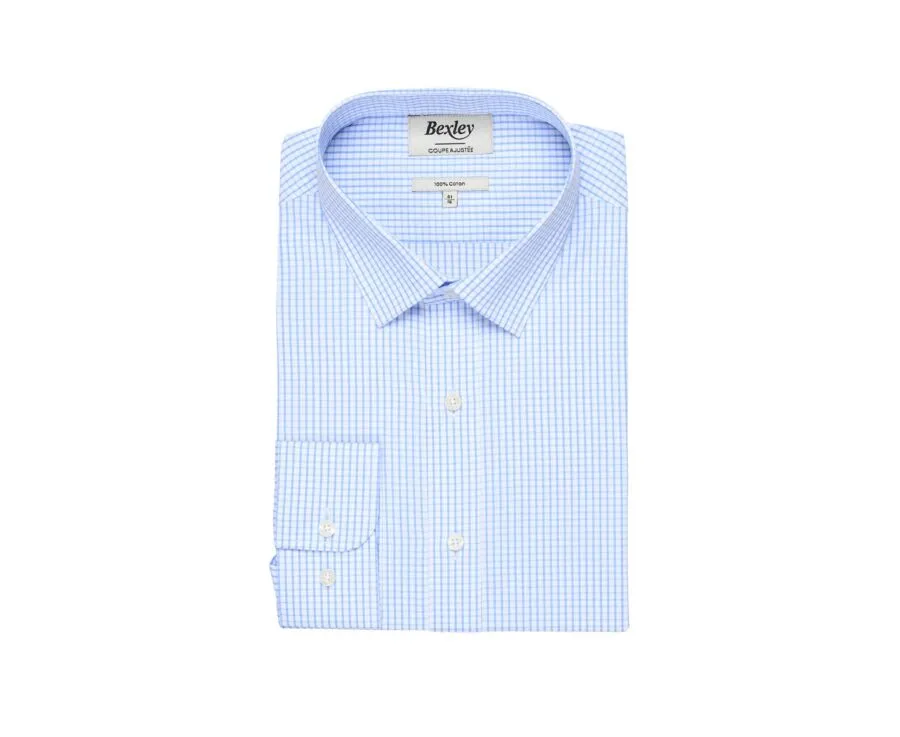 Chemise blanche à carreaux bleus clairs - Col français Alfiero