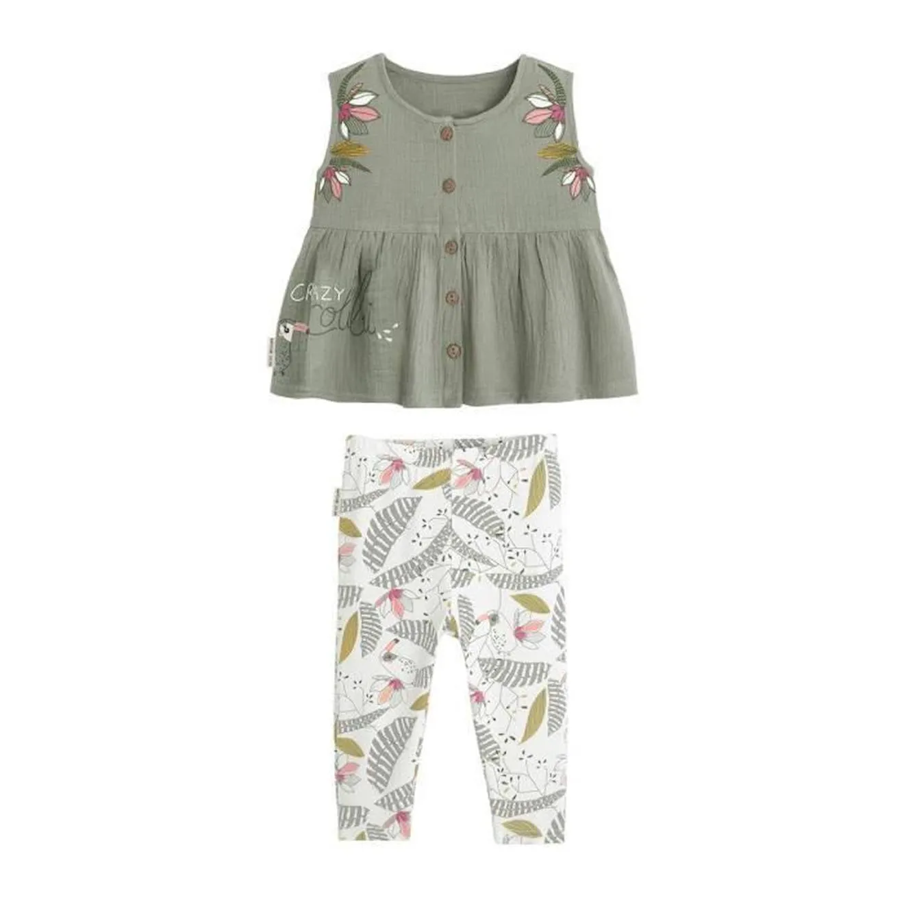 Ensemble blouse en gaze de coton et legging bébé fille Crazy Colibri vert - Petit Beguin