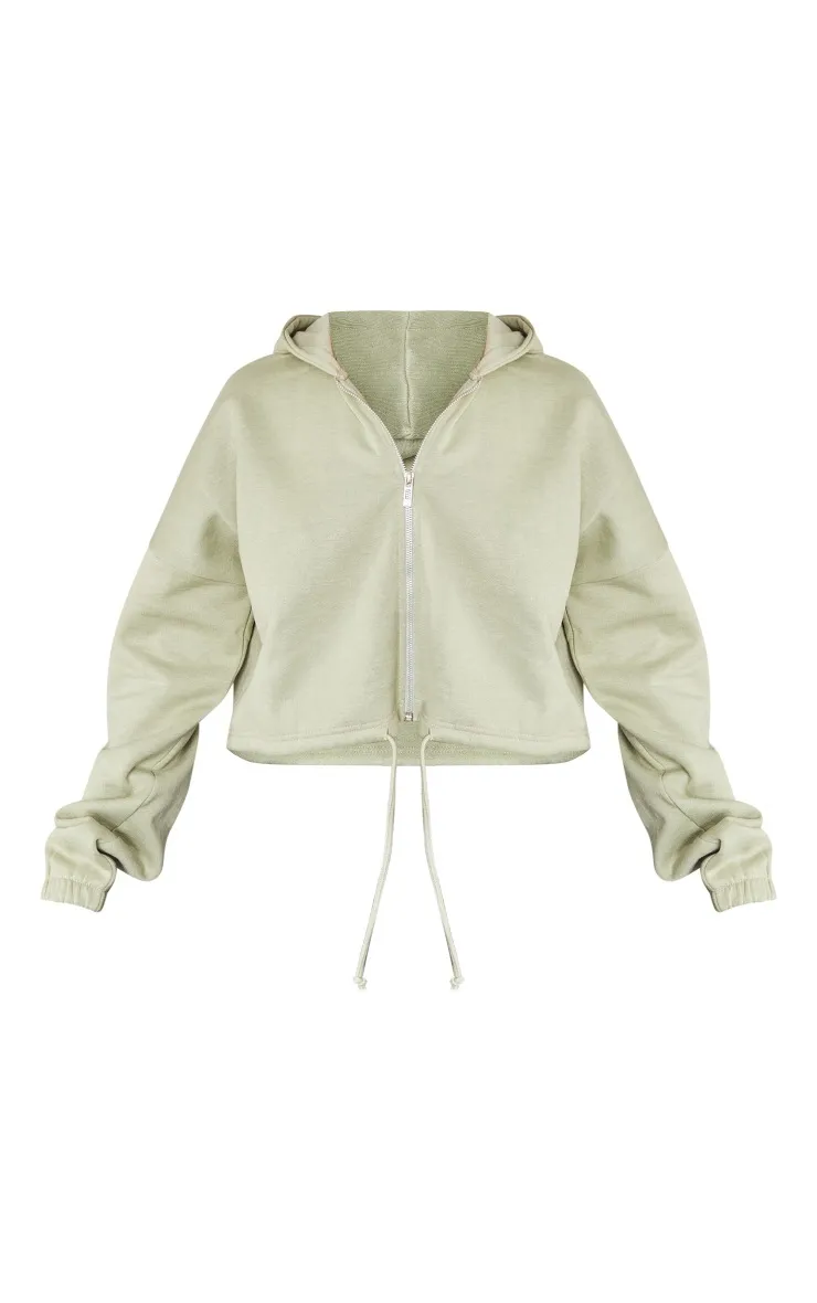 Hoodie court vert sauge à zip et cordons ajustables