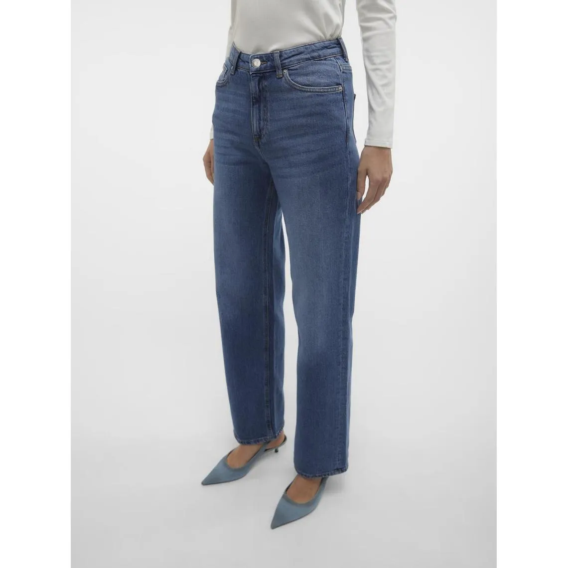 Jean à coupe large fermeture à boutons et à glissière taille haute bleu en coton Maud | 3 Suisses