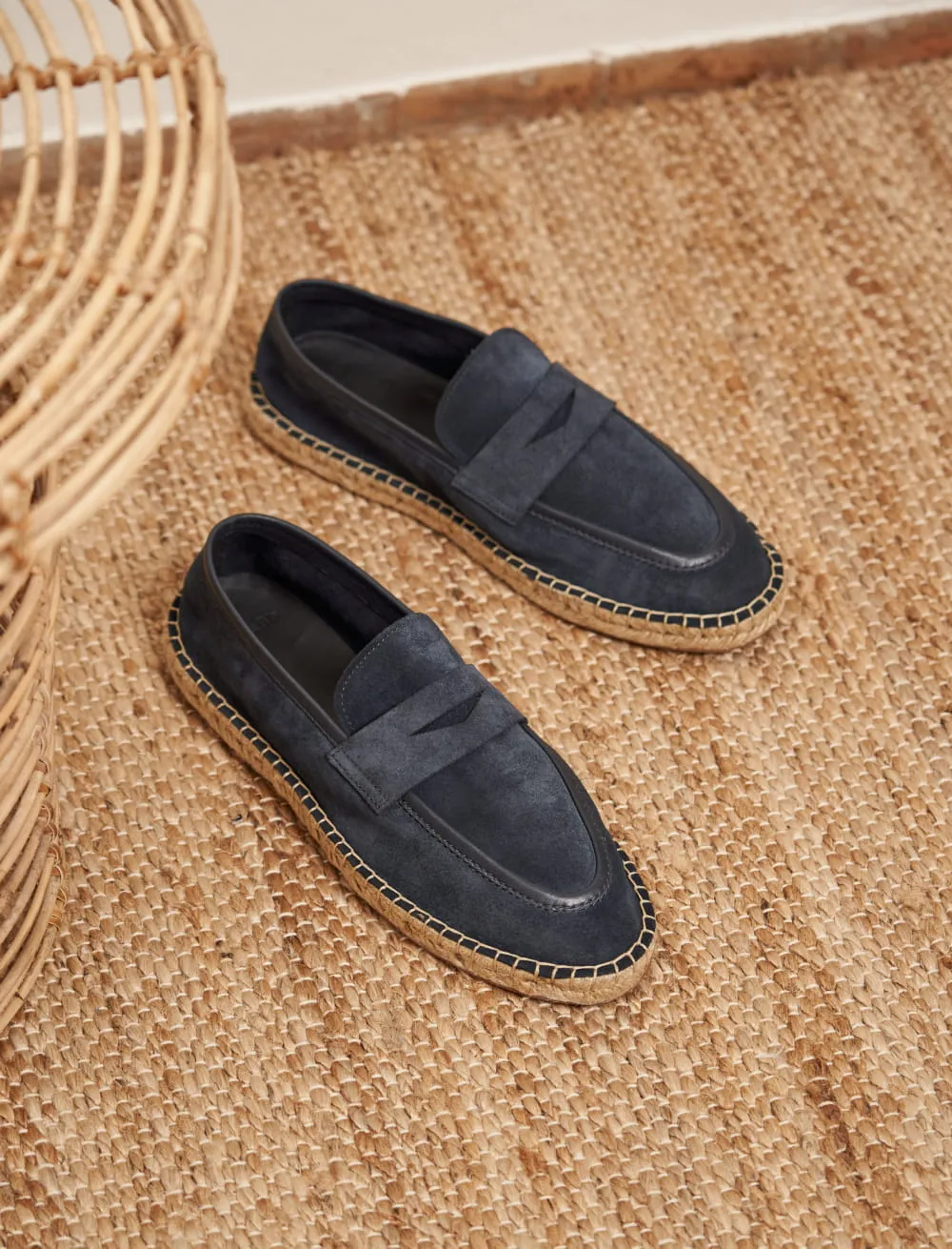 Mocassins de luxe pour homme: L'Embellie  espadrille en Nubuck Bleu marine