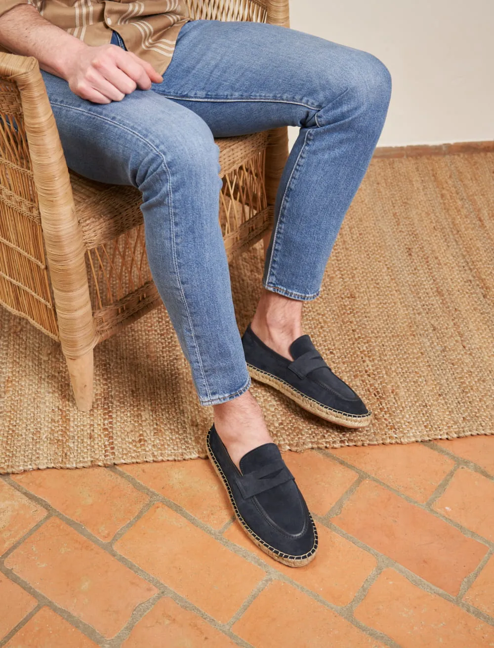 Mocassins de luxe pour homme: L'Embellie  espadrille en Nubuck Bleu marine