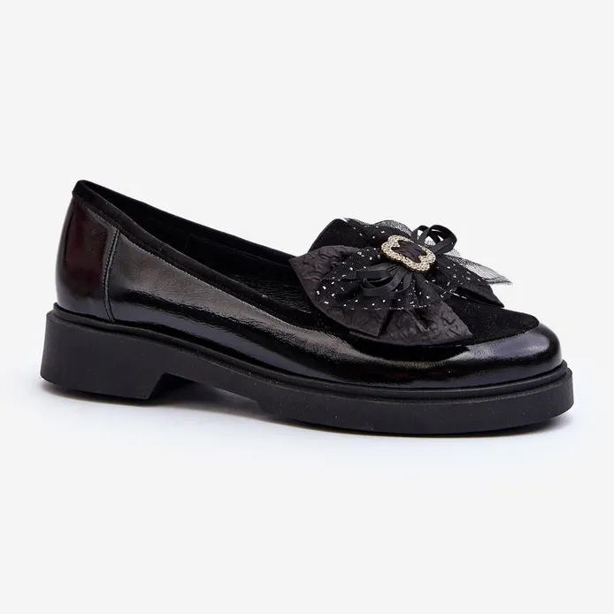 Mocassins Femme En Cuir Verni Avec Noeud Laura Messi 2786 Noir le noir