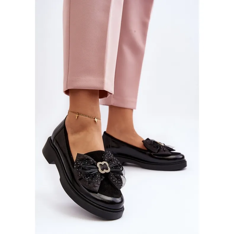 Mocassins Femme En Cuir Verni Avec Noeud Laura Messi 2786 Noir le noir