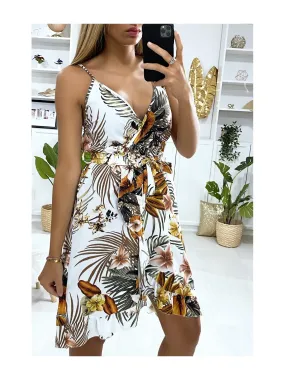 Robe croisé motif fleuris blanche avec ceinture