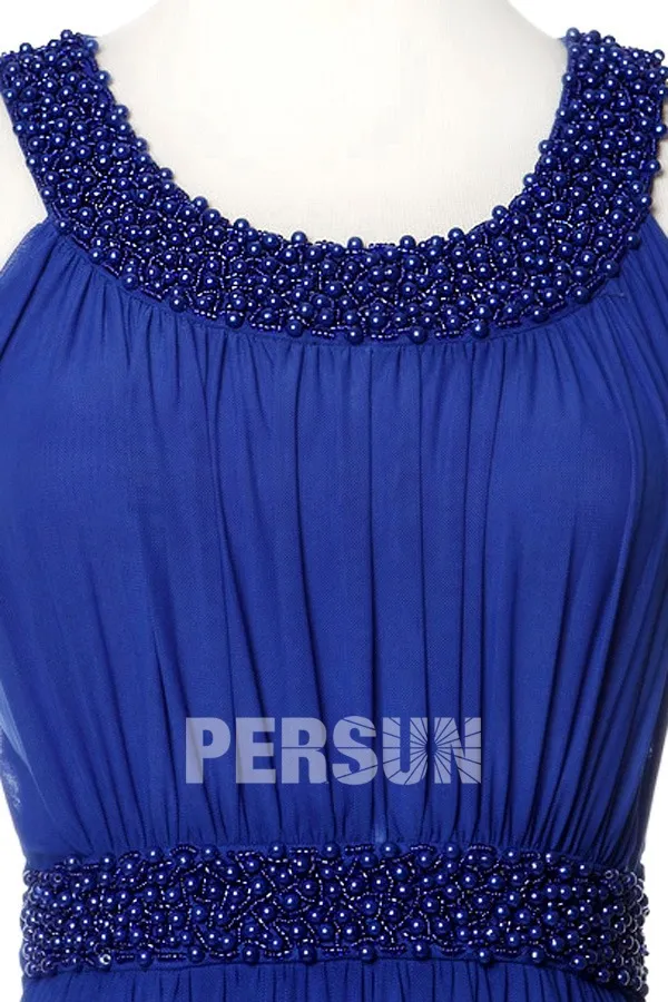 Robe de soirée bleu ligne A longue au ras du sol en mousseline