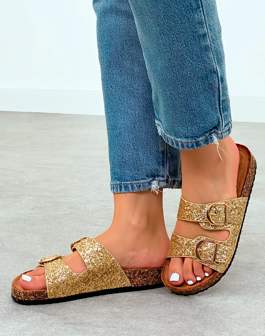 Sandales Mules Femme Dorées Pailletées avec Semelle Confort