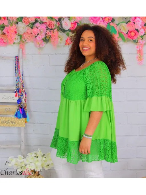 Tunique blouse longue dentelle ete LAURINE femme grande taille vert