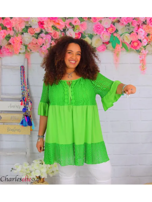 Tunique blouse longue dentelle ete LAURINE femme grande taille vert