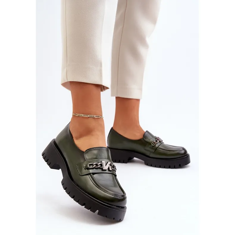 Vinceza Mocassins femme en cuir avec décoration, vert foncé, Loraleima