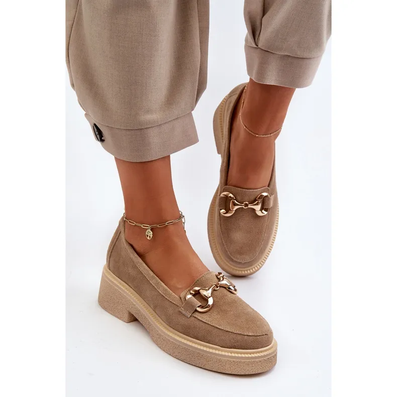 Zazoo 3429 Mocassins en daim pour femme avec décoration, beige