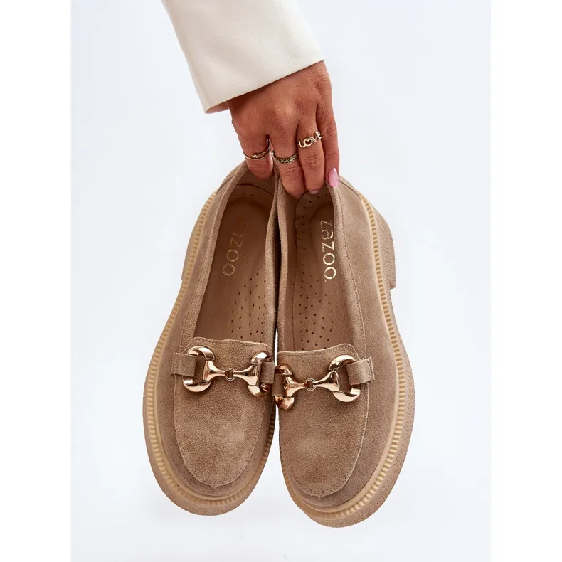 Zazoo 3429 Mocassins en daim pour femme avec décoration, beige